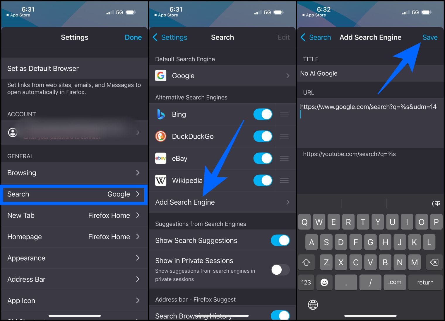 Add no ai google search engine in firefox settings