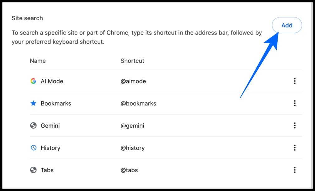 Add a new site search in chrome settings on desktop