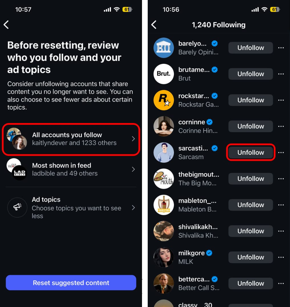 Adjust followed accounts on instagram