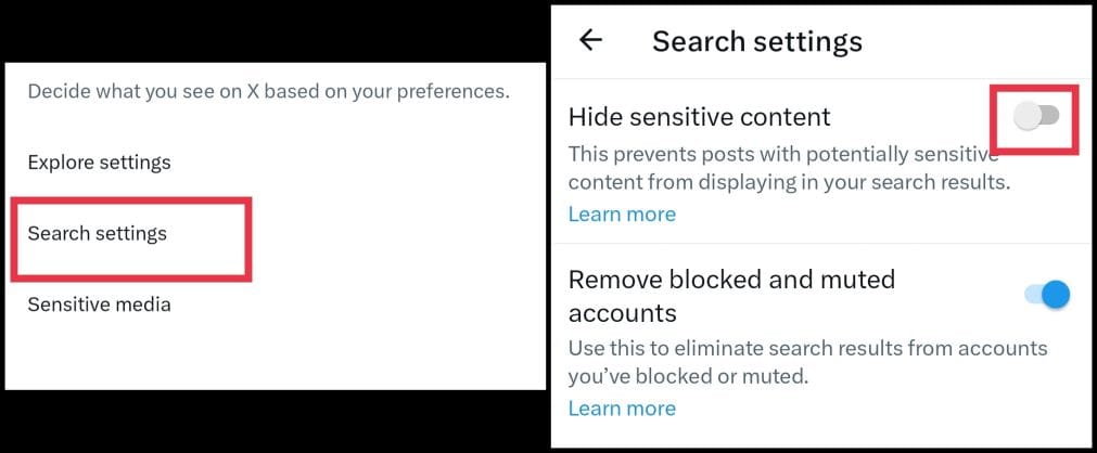 Adjusting search settings to see sensitive content in x twitter app on android
