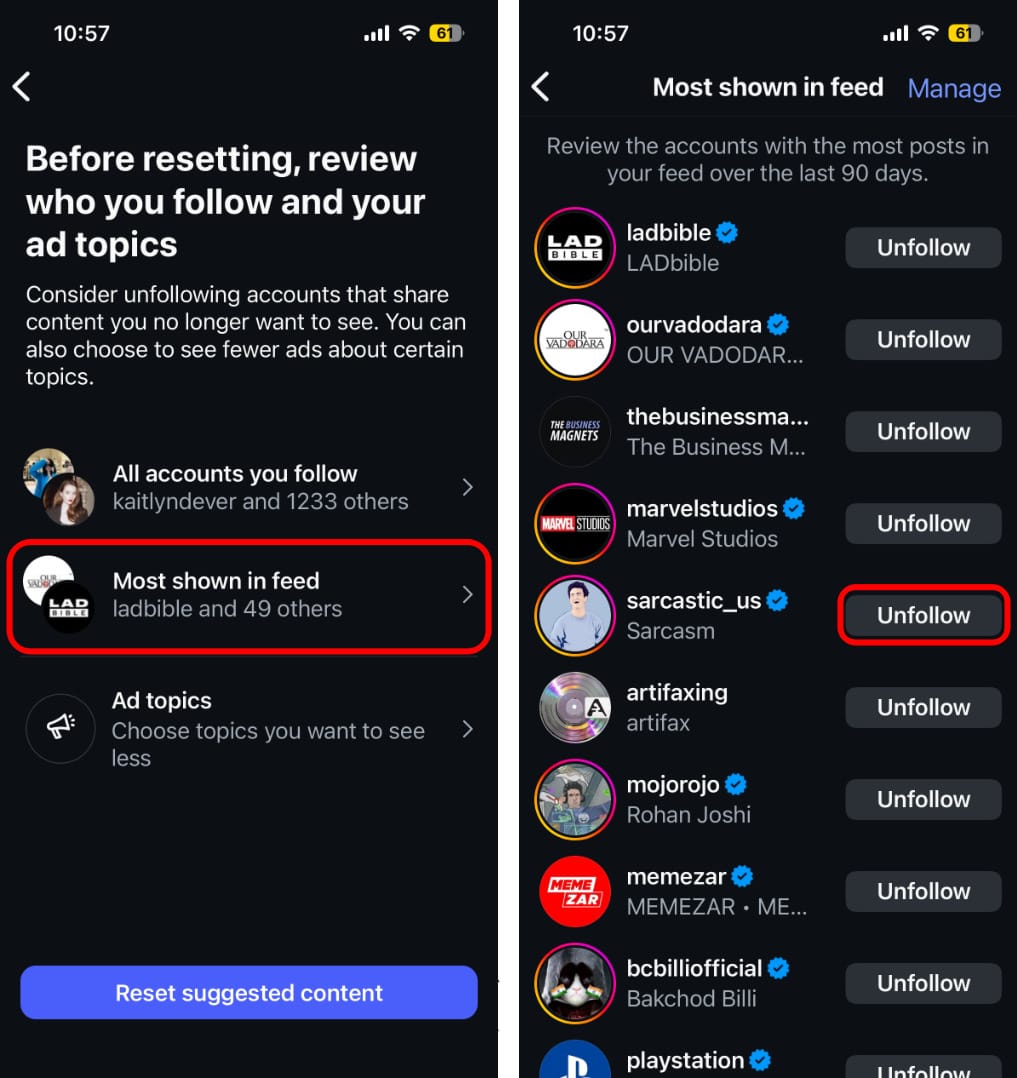 Adjust most shown in instagram feed