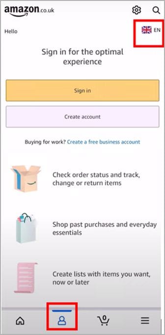 Amazon app settings with you profile and flag icon