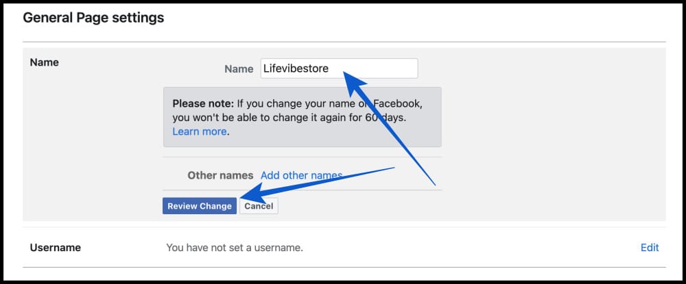 Change your facebook page or business name