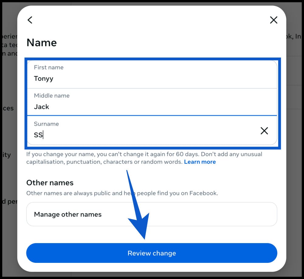 Change your name on facebook from desktop