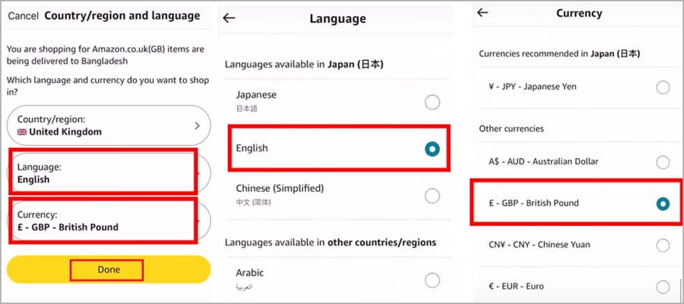Change language and currency in amazon app settings