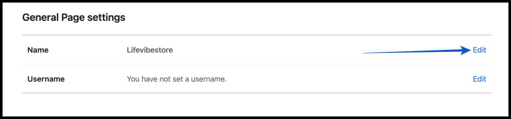 Click edit next to page name on facebook