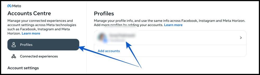 Click profiles then select your facebook account on desktop