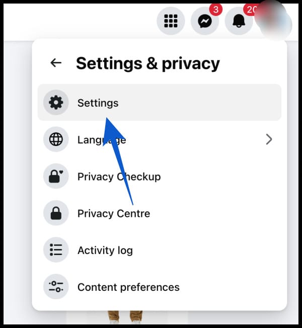 Click settings in facebook on desktop
