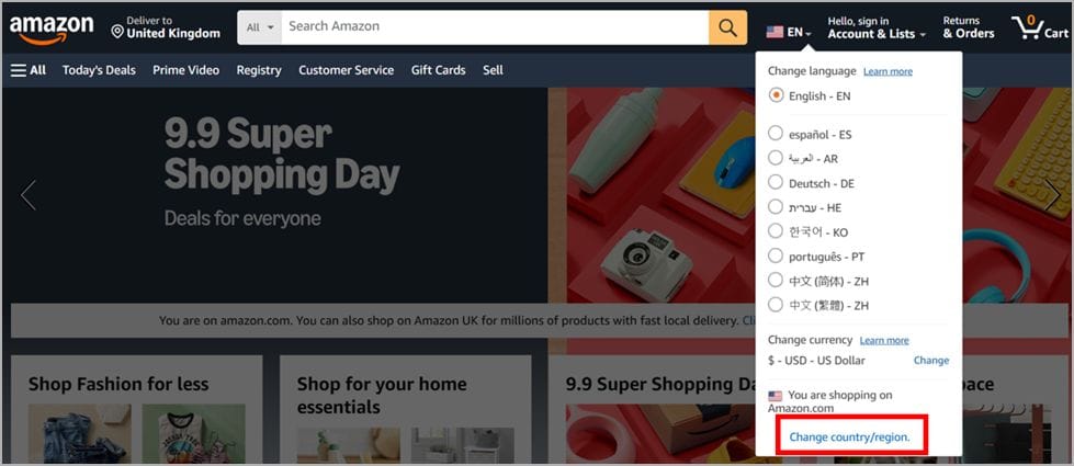 Click change country or region from amazon dropdown menu