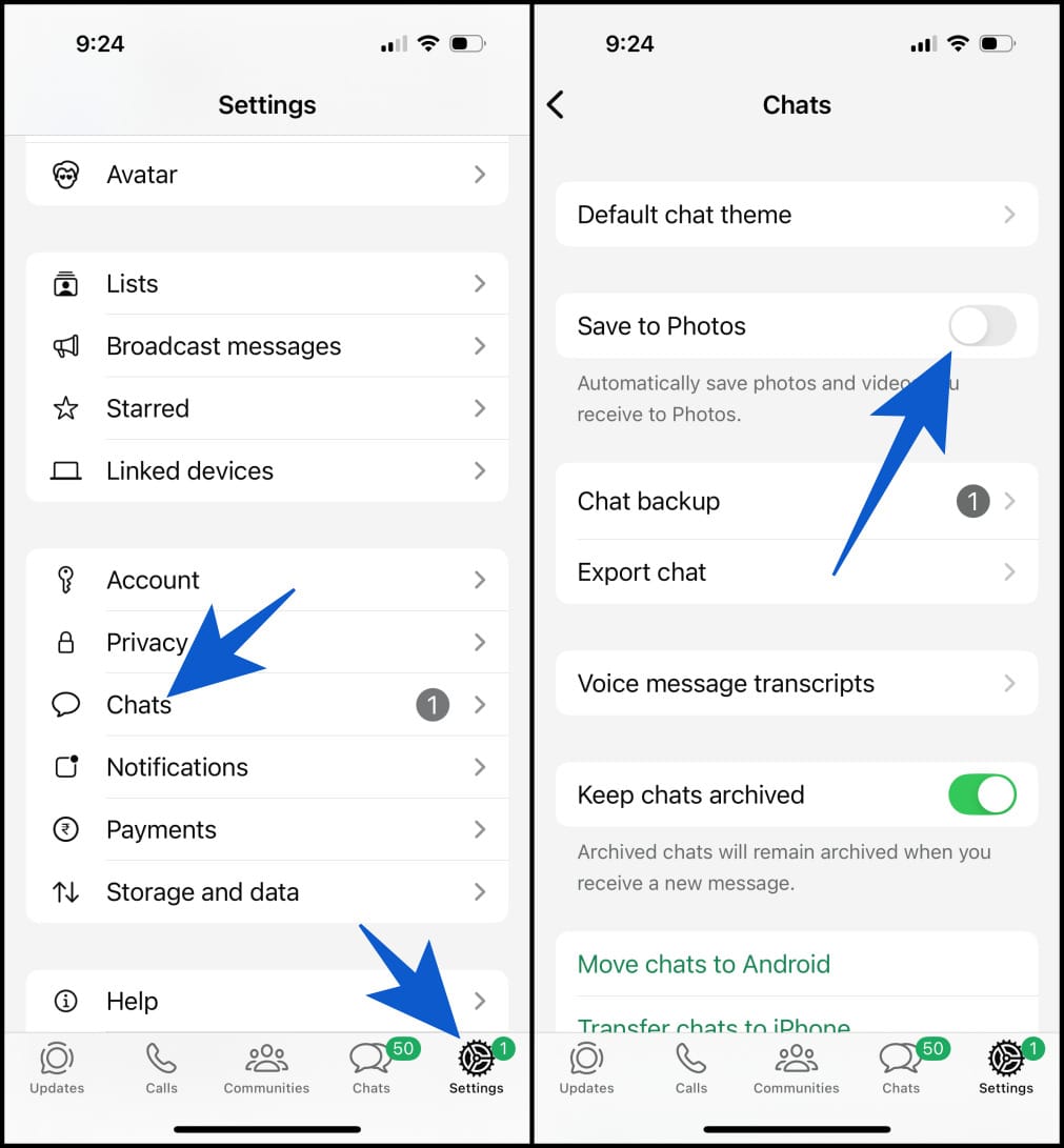 Disable auto save for all chats in whatsapp on iphone