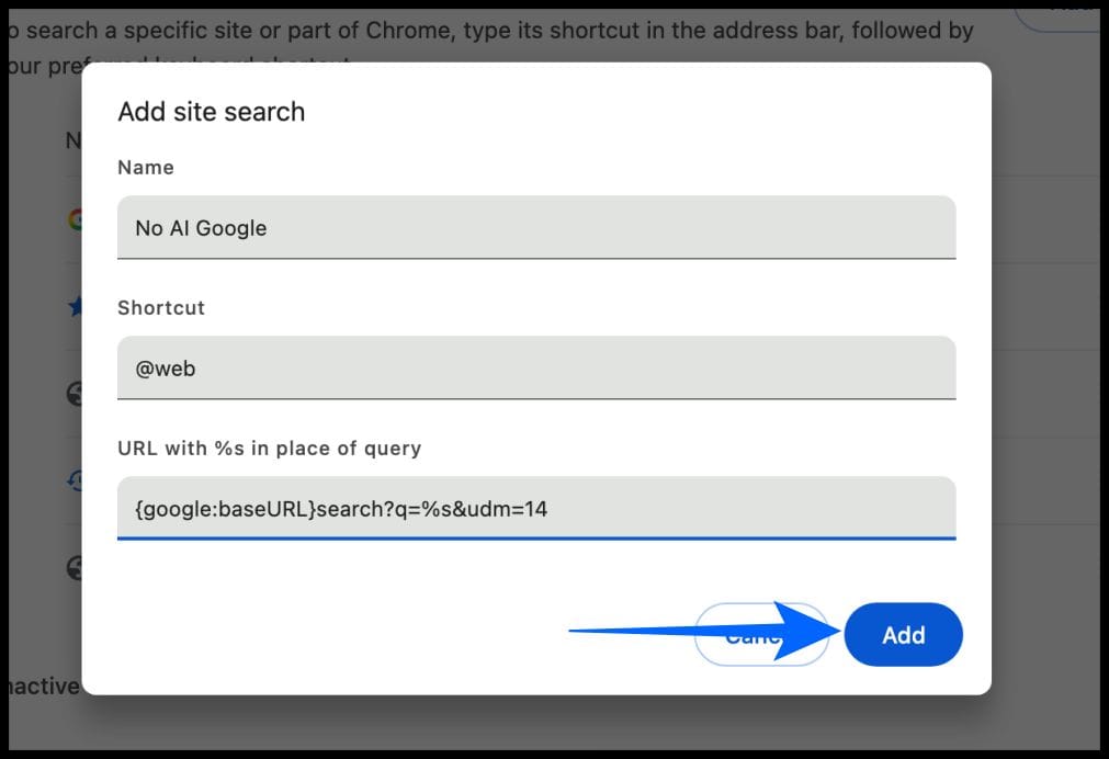 Enter site name add web shortcut and save search engine in chrome on desktop