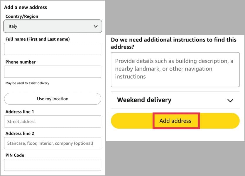 Enter new country with valid billing address in amazon and save to confirm