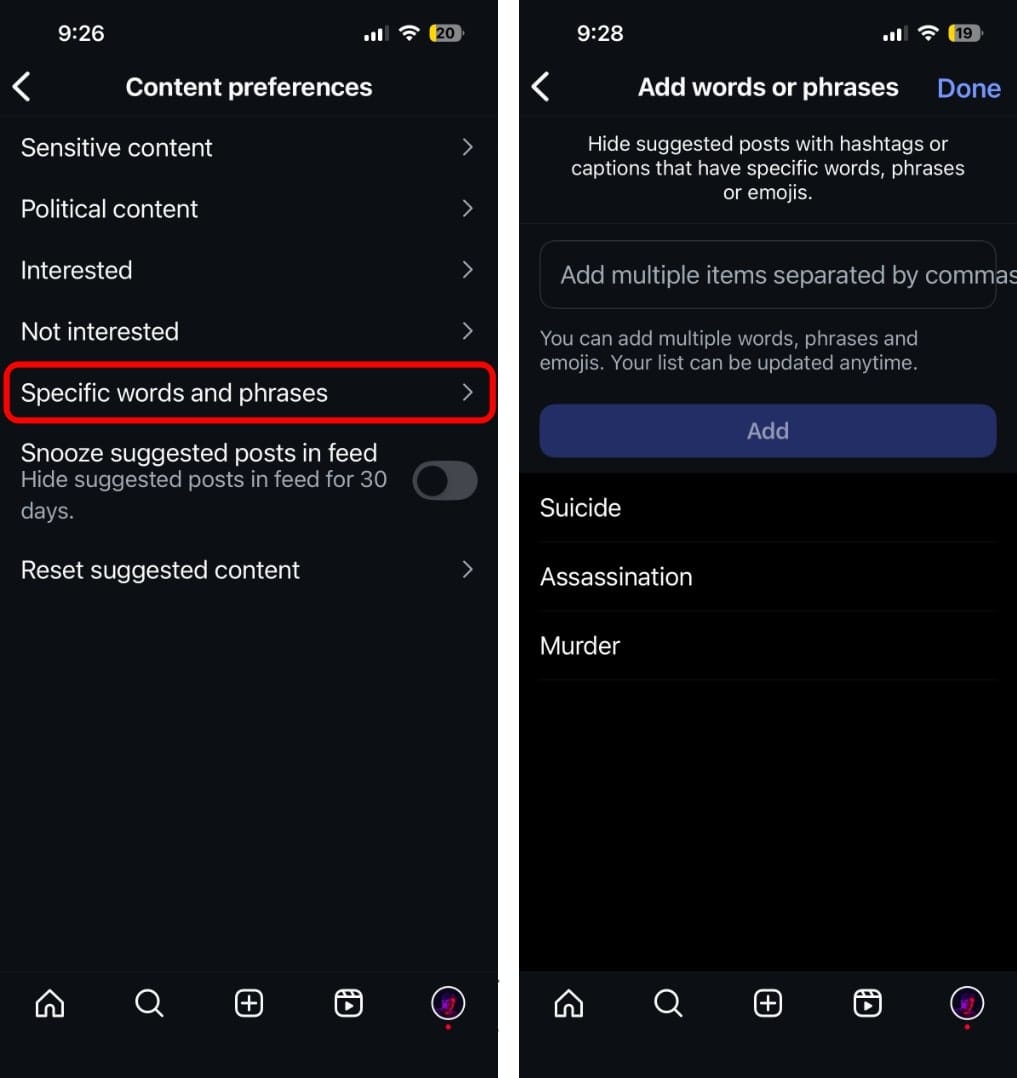 Filter words and phrases on instagram