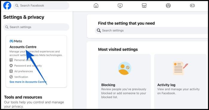 Go to facebook accounts center on desktop