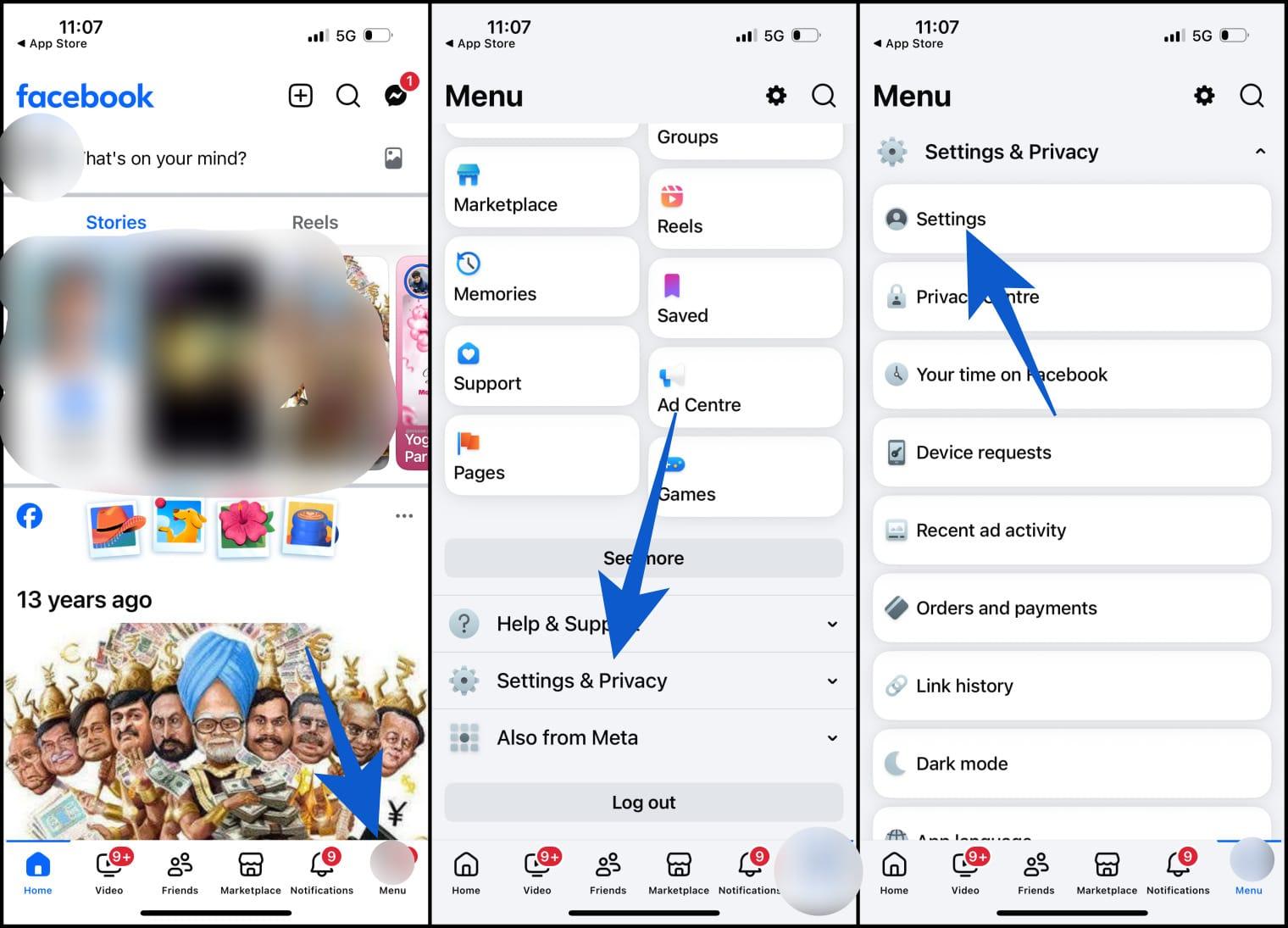 Go to facebook settings on iphone