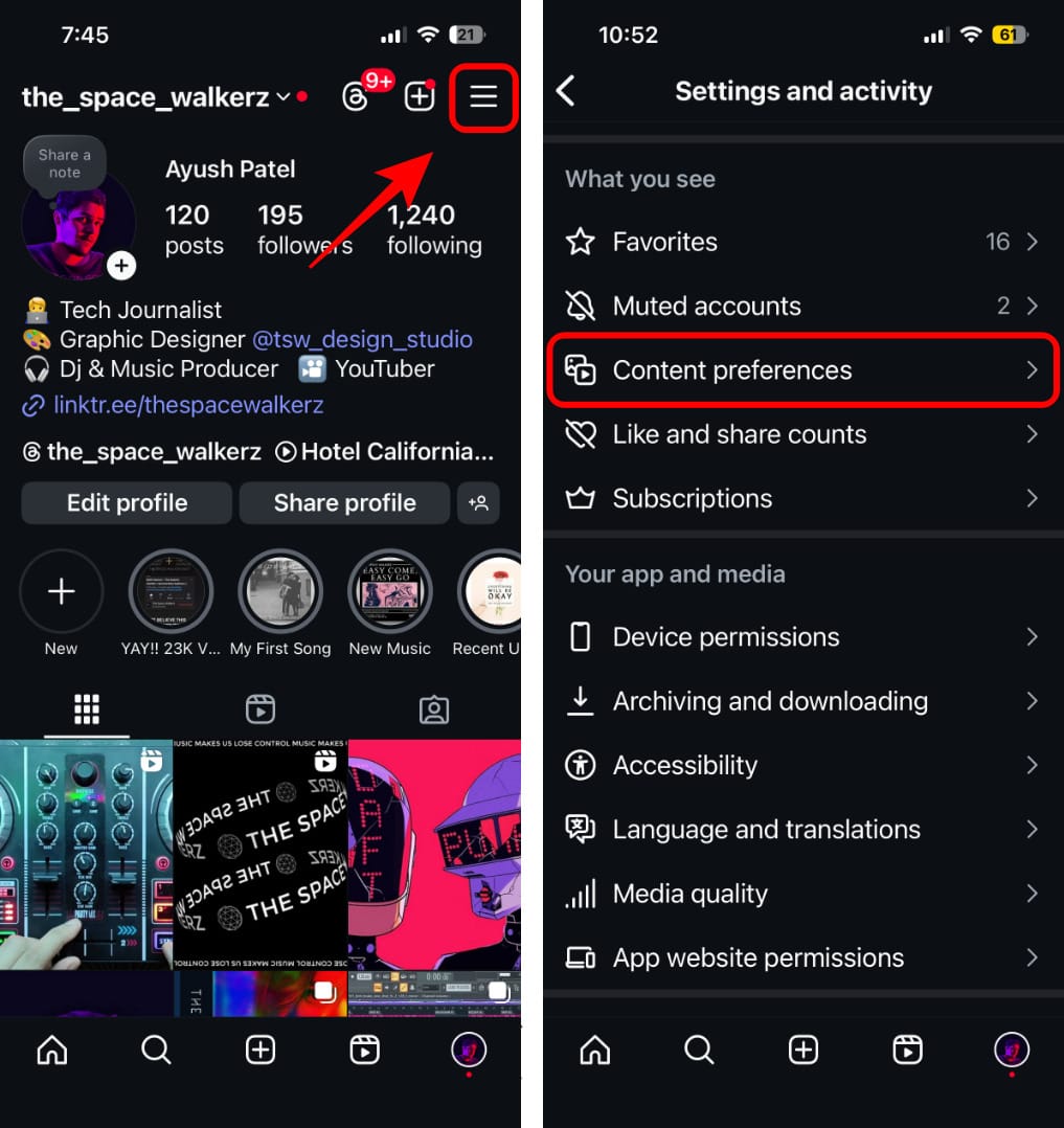 Go to content preferences on instagram