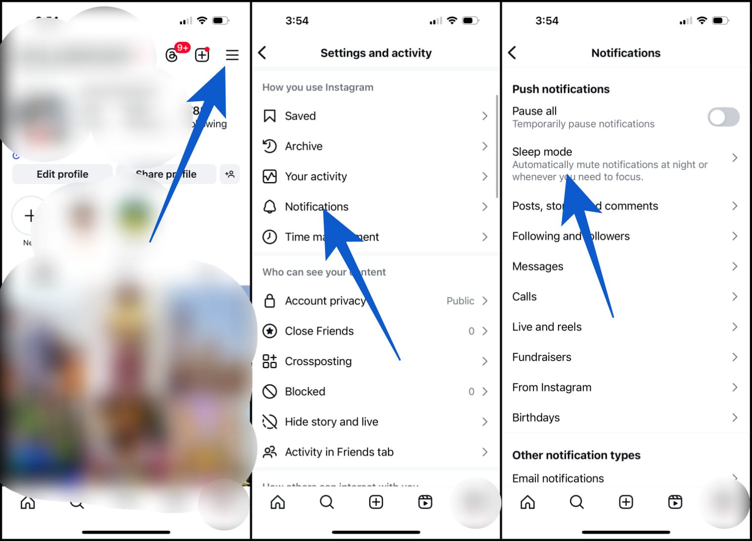 Instagram profile settings menu notifications sleep mode on iphone