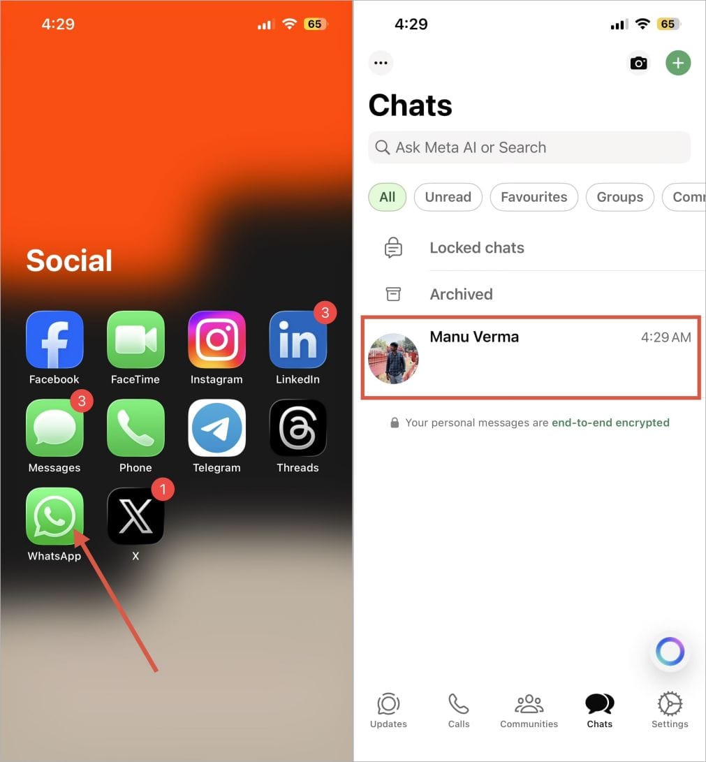 Launch whatsapp open any individual chat