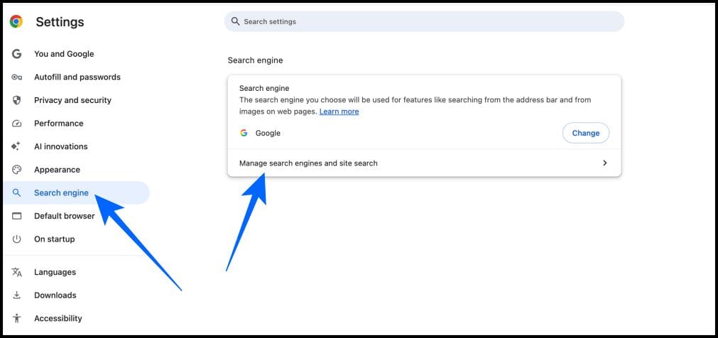 Open chrome settings and manage search engines on desktop