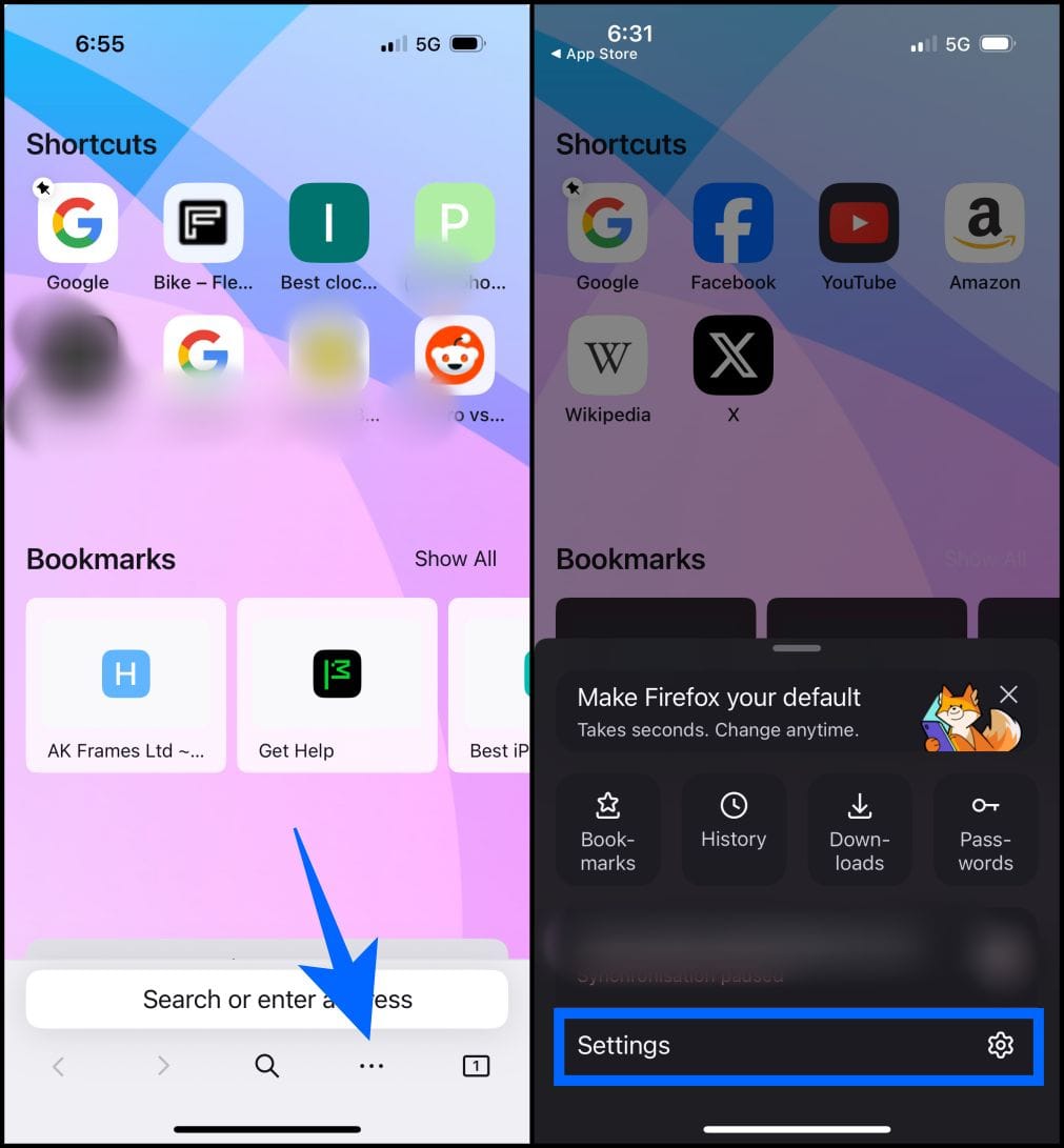 Open firefox mobile settings from the three dot menu