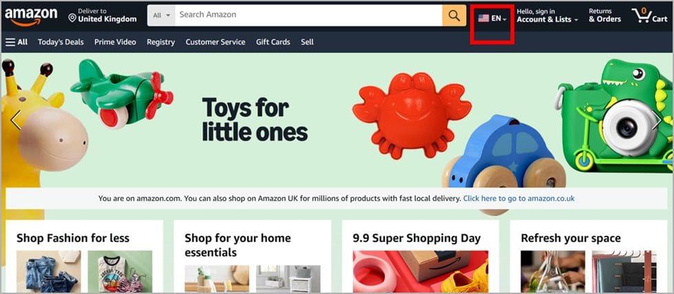Open amazon website and hover over the flag icon near the search bar