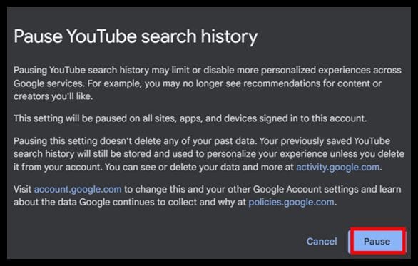 Pause youtube search history on desktop