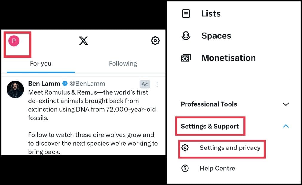 Profile icon menu with settings privacy option in x twitter on android