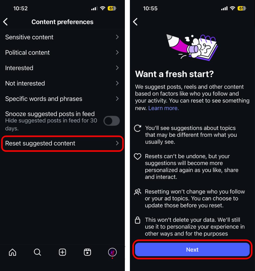 Reset instagram algorithm