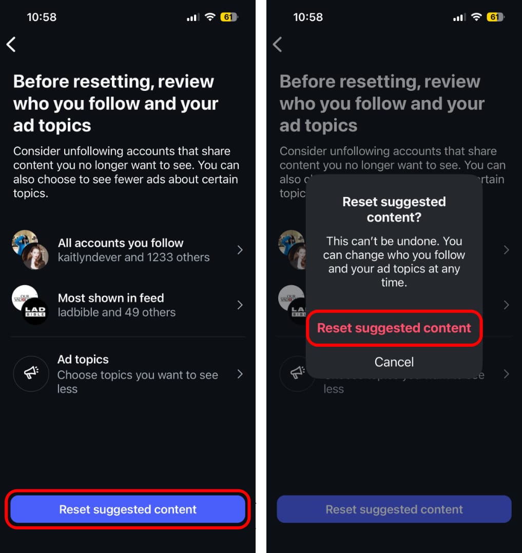 Reset suggested content on instagram
