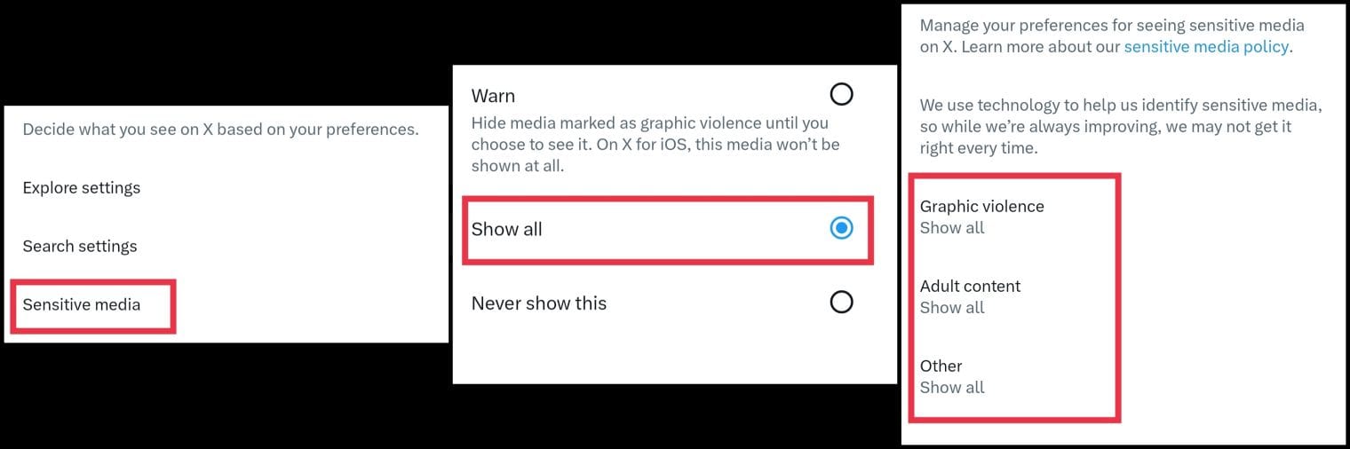 See sensitive content on the x app on android or iphone