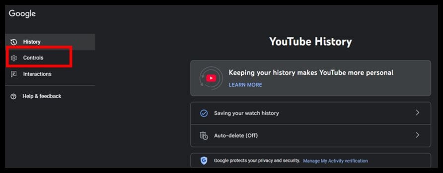 Select controls in my activity page in youtube on desktop