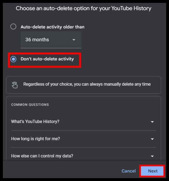 Select dont auto delete activity and select next on desktop