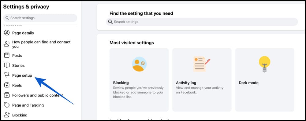 Select page setup option on facebook