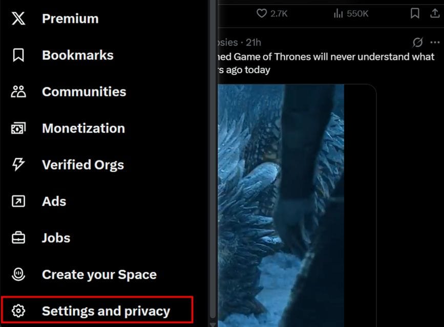 Select settings and privacy in x twitter on web