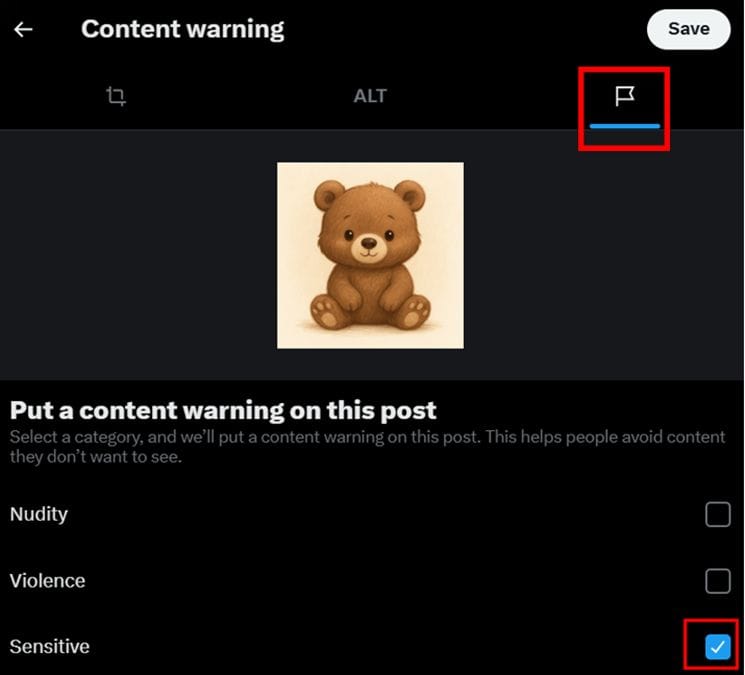 Select flag icon and choose from sensitive on web