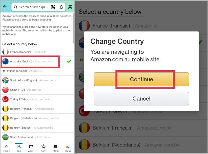 Select any country from the options in amazon app on android