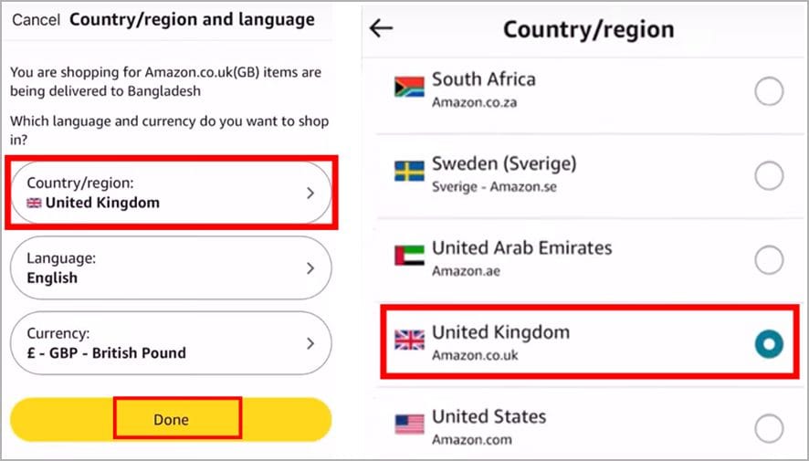 Select country or region in amazon app settings and choose your preferred country