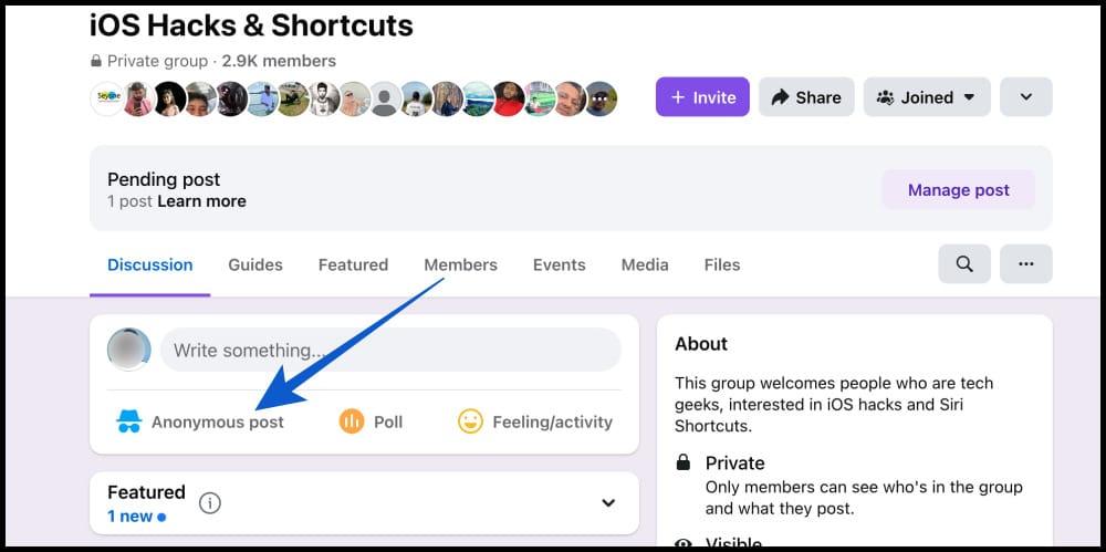 Selecting a facebook group and clicking anonymous post