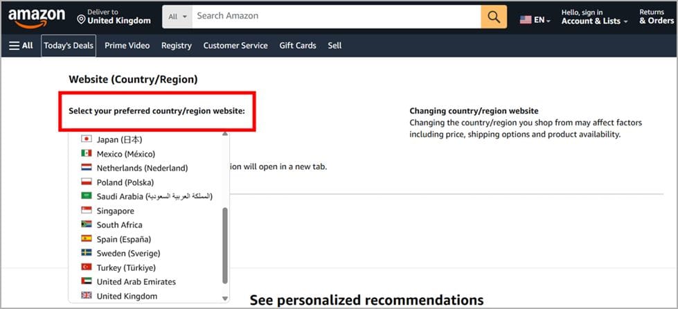 Select your new country from the list on amazon website