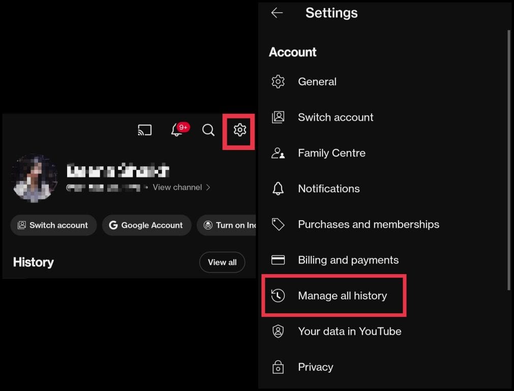 Tap on manage all history in youtube settings on android