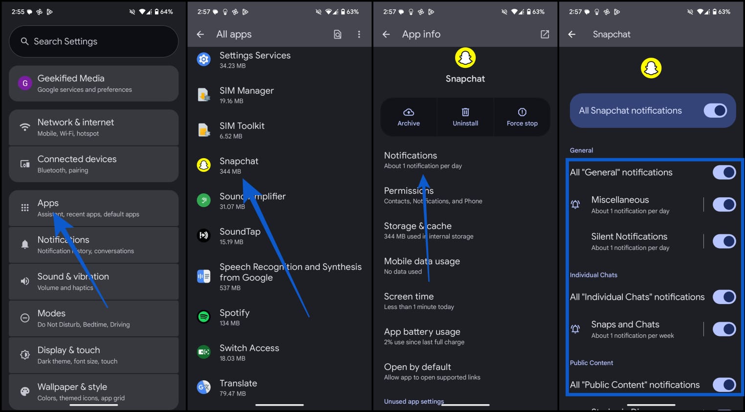 Turn off notification for snapchat on android pixel 7a