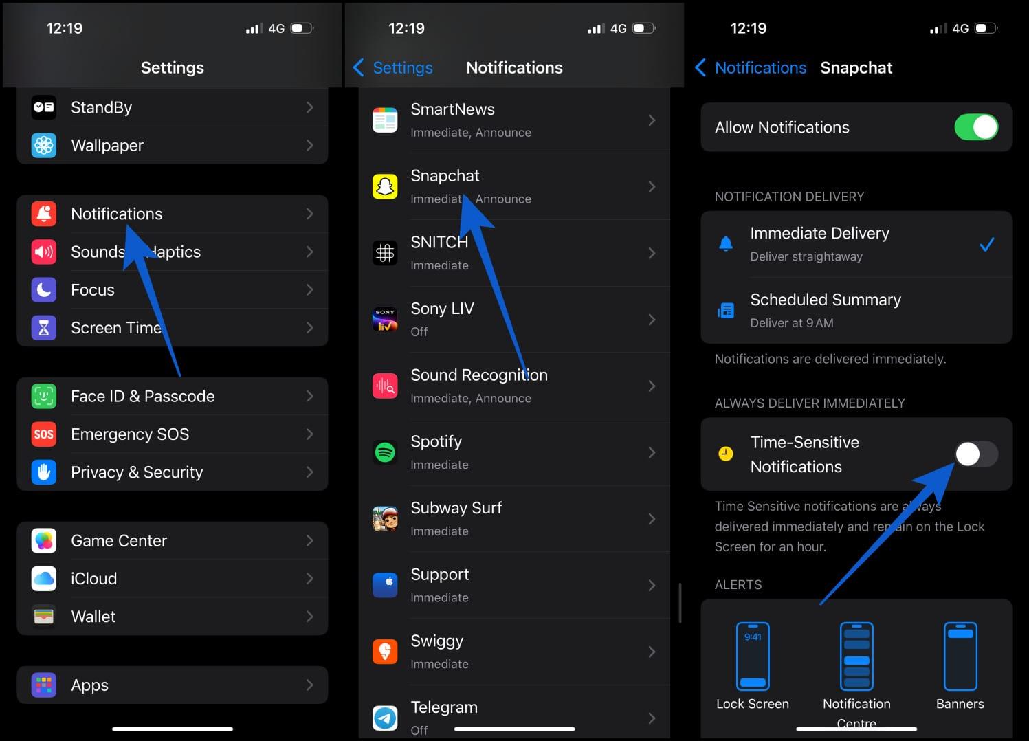 Turn off time sensitive for snapchat on iphone