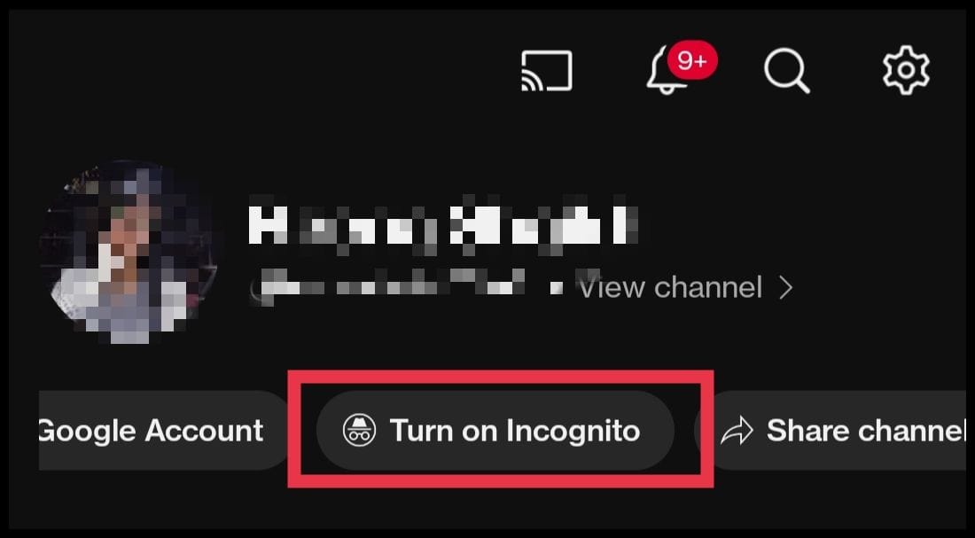 Turn on incognito from youtube profile menu on iphone or android