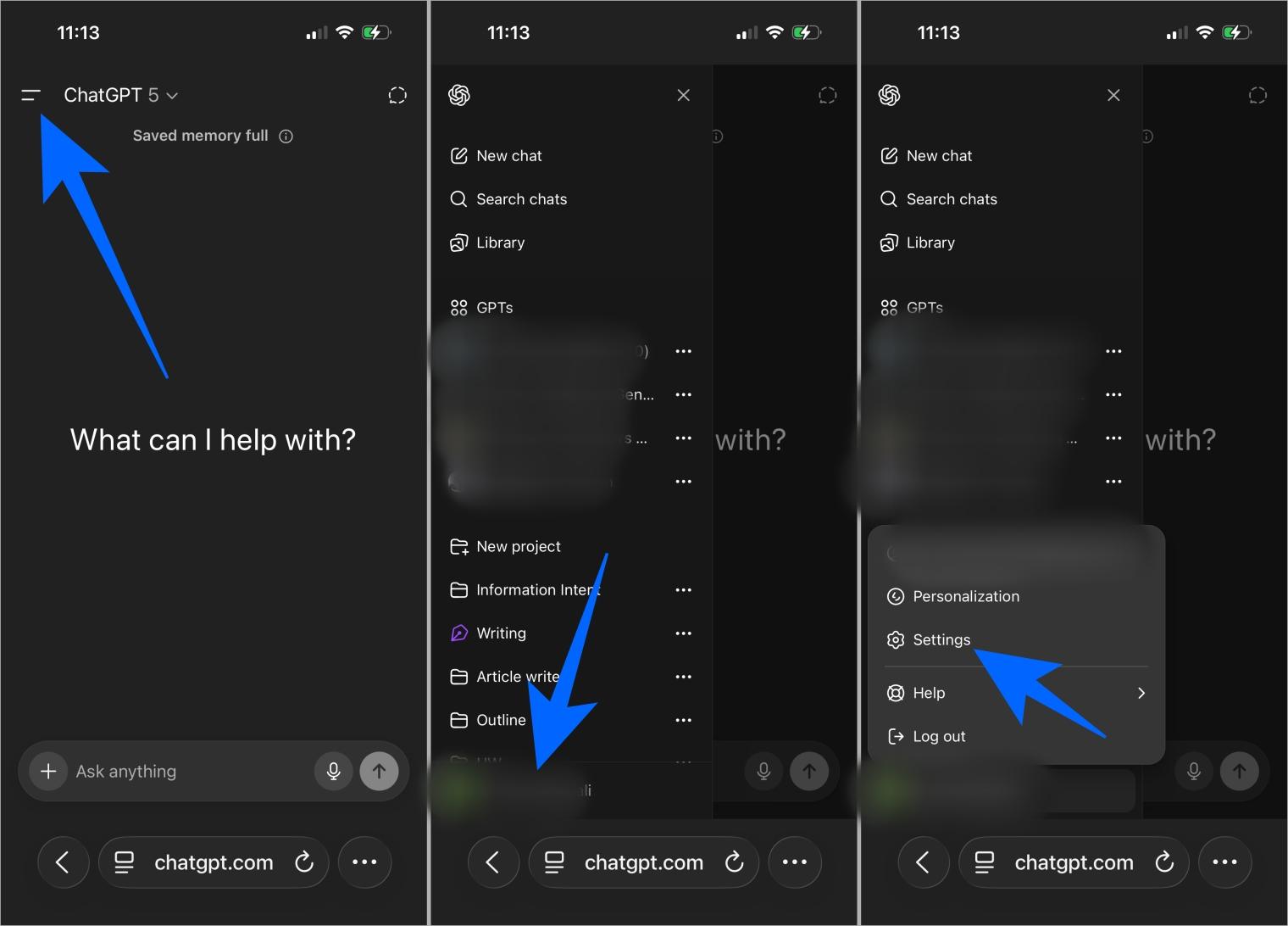 Access ChatGPT settings from mobile menu