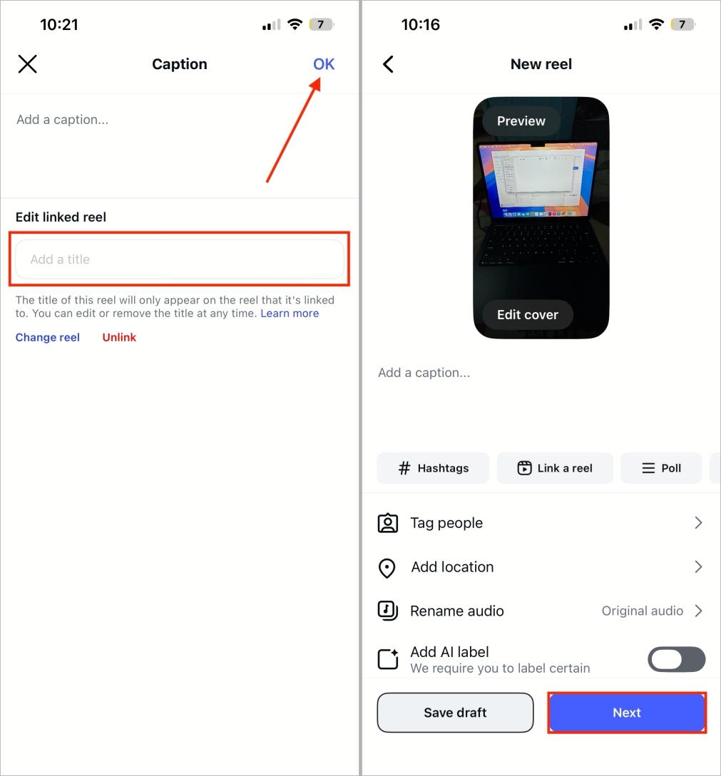 Add title to linked instagram reel before publishing