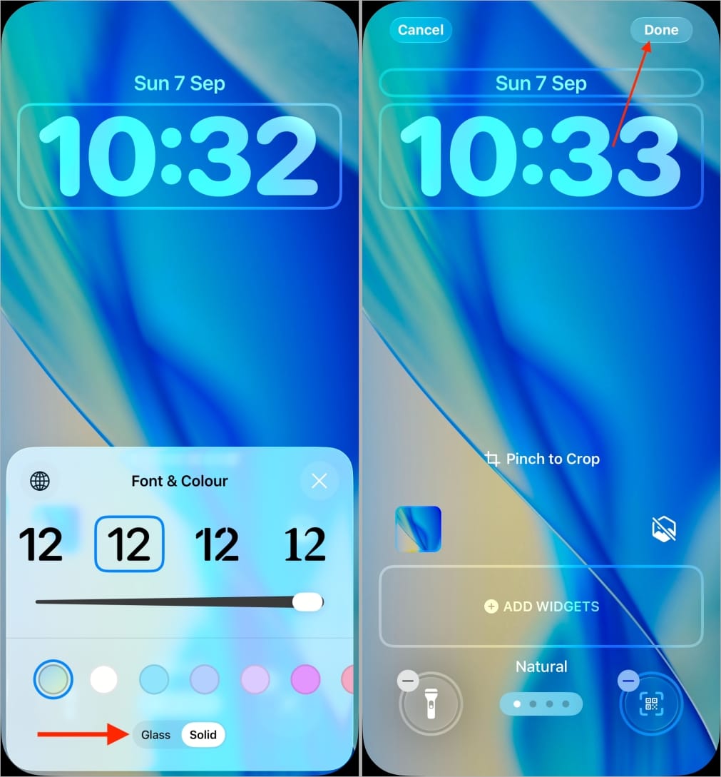 Change font switch from Glass to Solid and tap Done to save Change font switch from glass to solid and tap done to save