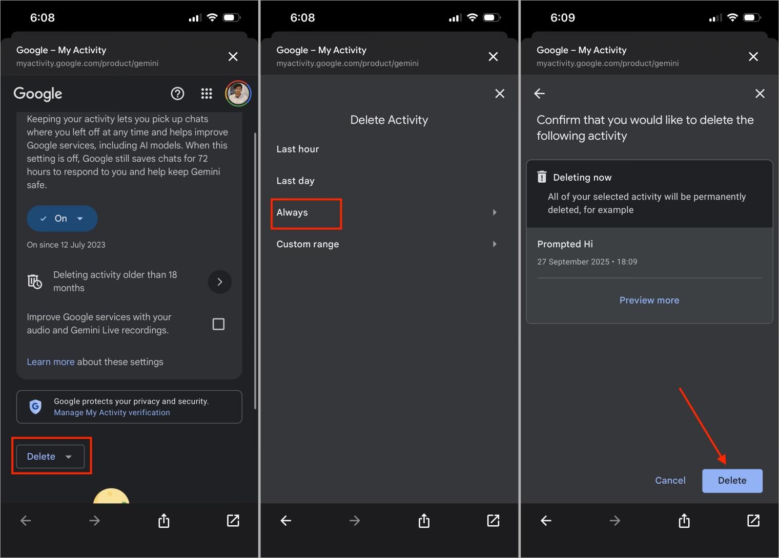 Clear all google gemini chats at once on mobile