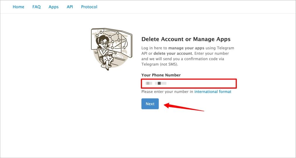 Click next to get a telegram confirmation code in the app