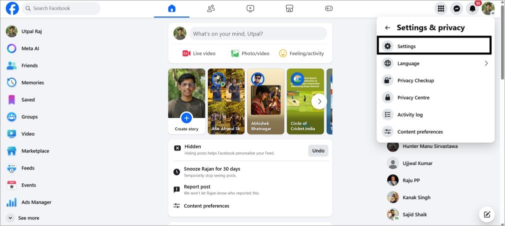 Click on settings in facebook web