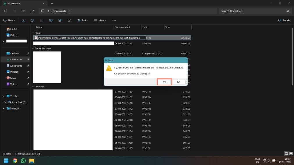 Confirm file extension change by clicking Yes in warning box Confirm file extension change by clicking yes in warning box